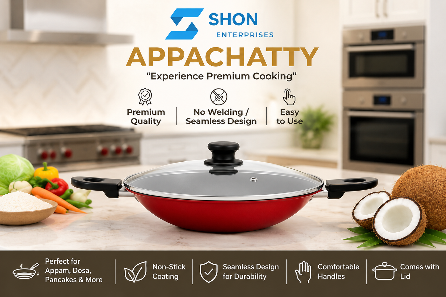 Shon Enterprises Appachatty Non-Stick Cooking Pan with Lid – Traditional Kerala Style Appam Chatty – Premium Seamless Design Easy to Use Cookware