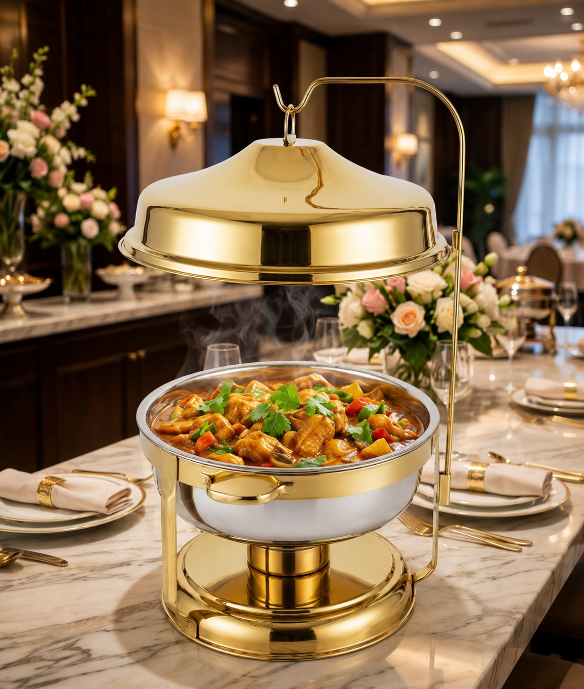 Gold Stainless Steel Chafing Dish for Buffet with Hanging Lid, 8Qt/9L Round Food Warmer Set for Catering, Parties, Weddings, Birthday, Holiday & Church Events