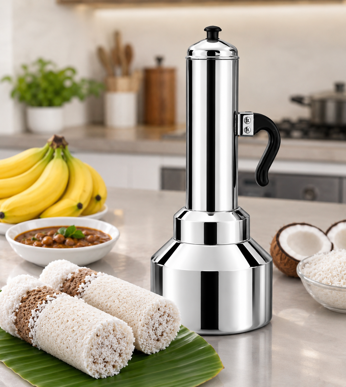Shon Enterprises Stainless Steel Salem Steel Puttu Maker | Jointless Design | Traditional South Indian Steamed Rice Cake Maker | Heavy Duty Kitchen Cooker