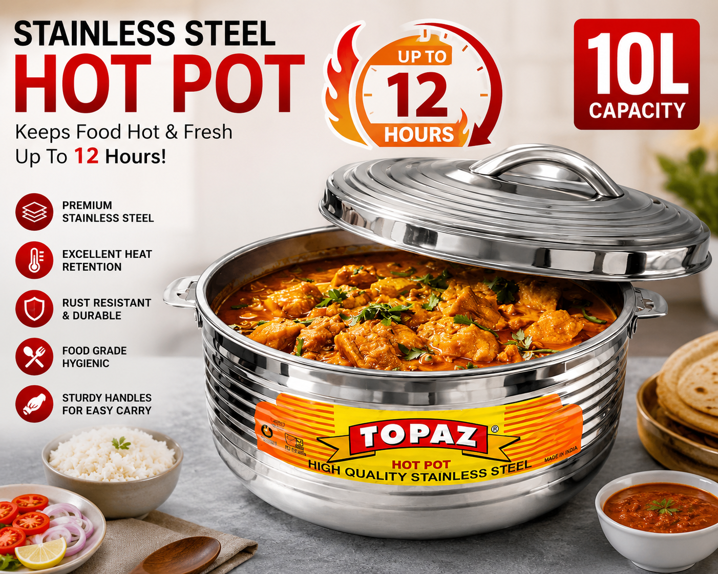 Stainless Steel Insulated Hot Pot Casserole with Lid & Handles – Food Warmer Serving Bowl for Roti, Curry, Rice & Biryani – Keeps Food Hot Up to 12 Hours – 10L
