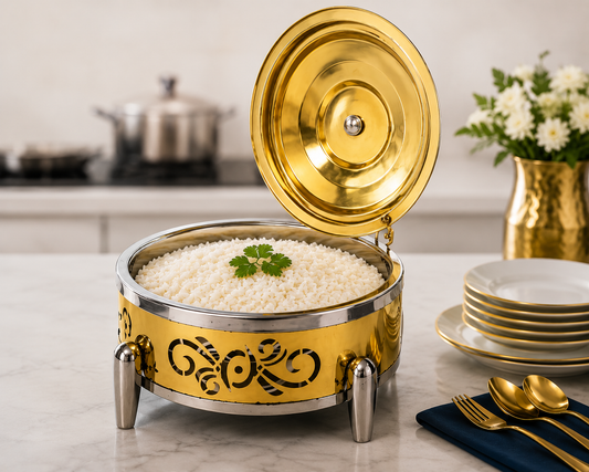 Shonenterprises Gold Stainless Steel Chafing Dish Buffet Server with Lid – 8L Food Warmer Chafer for Parties, Catering, Weddings & Events – Round Buffet Serving Dish