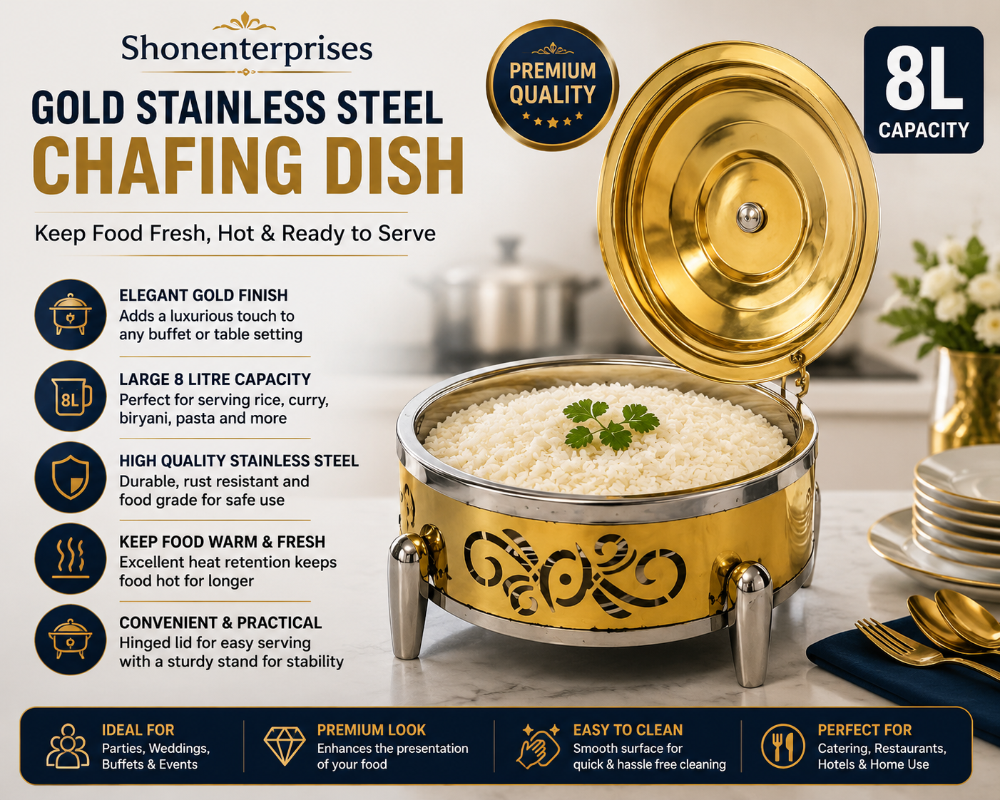 Shonenterprises Gold Stainless Steel Chafing Dish Buffet Server with Lid – 8L Food Warmer Chafer for Parties, Catering, Weddings & Events – Round Buffet Serving Dish