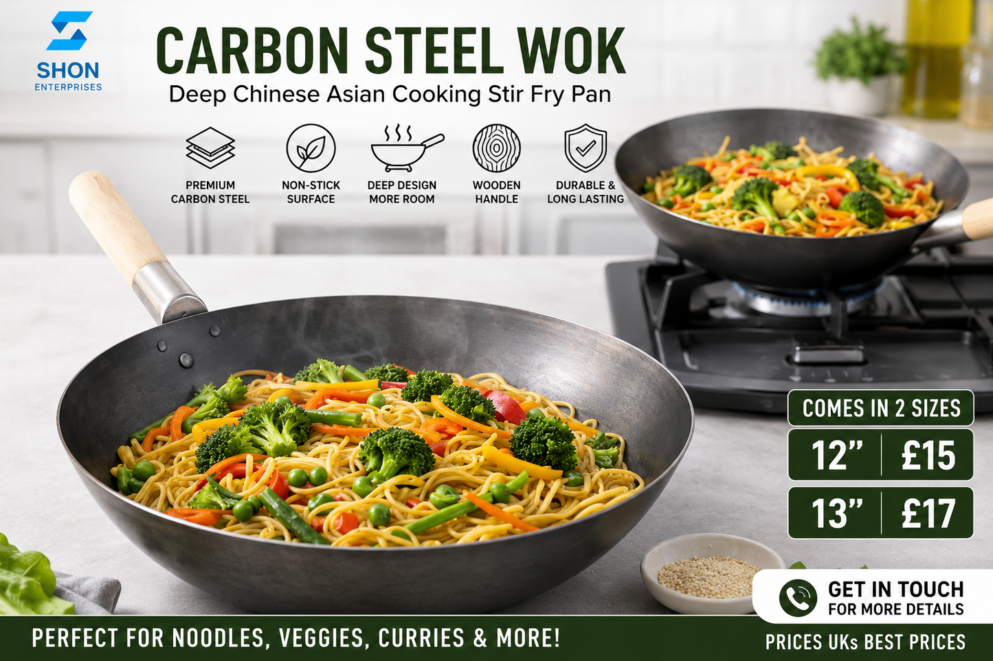 Shon Enterprises Carbon Steel Wok Stir Fry Pan with Wooden Handle – Deep Chinese Asian Cooking Flat Bottom Wok Pan for Noodles, Veggies & Curries – Non-Stick Carbon Steel Kadai Karahi – 12” & 13” Sizes