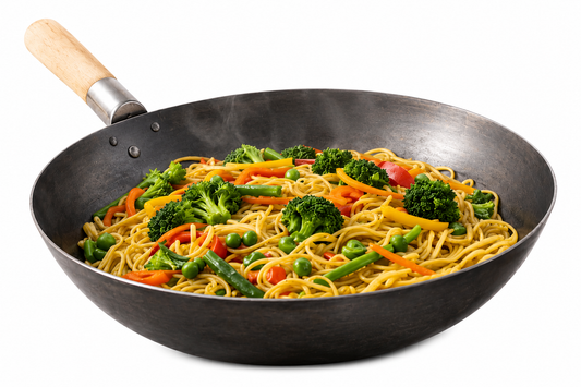 Shon Enterprises Carbon Steel Wok Stir Fry Pan with Wooden Handle – Deep Chinese Asian Cooking Flat Bottom Wok Pan for Noodles, Veggies & Curries – Non-Stick Carbon Steel Kadai Karahi – 12” & 13” Sizes